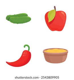 Ilustrações vetoriais coloridas de um pepino, maçã, pimenta chili e tigela de especiarias