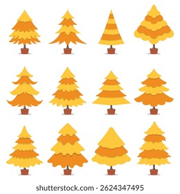 Colorful vector illustrations depicting stylized trees with autumn hues and patterns. Perfect for seasonal designs, autumn concepts, or decorative artwork applications. Christmas tree vector.