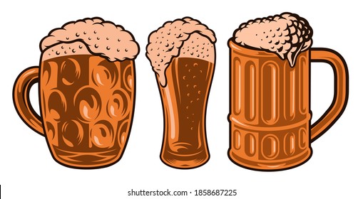 colorful vector illustrations of different beer glasses isolated on white background