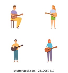 Coloridas Ilustraciones vectoriales de diversos hombres y mujeres tocando guitarras acústicas, mostrando su talento musical y creatividad mientras disfrutan de esta actividad de ocio