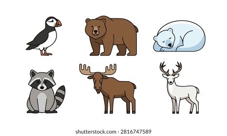 Colorful vector illustrations of diverse wild animals including bird, bear, polar bear, raccoon, moose, and deer.