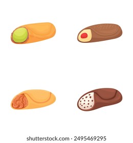 Colorful vector illustrations of four different bakery pastries, isolated on white background