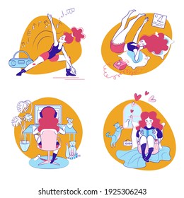 Colorful vector illustrations of home activities. Ginger girl everyday routine, chatting on the phone, freelancing, doing exercises, reading a book.