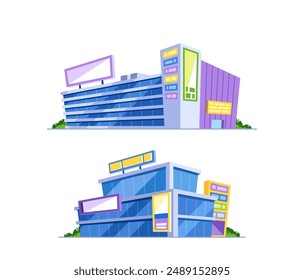 Colorful, Vector Illustrations Of Modern Shopping Centers With Glass Facades And Advertisements. Retail Buildings