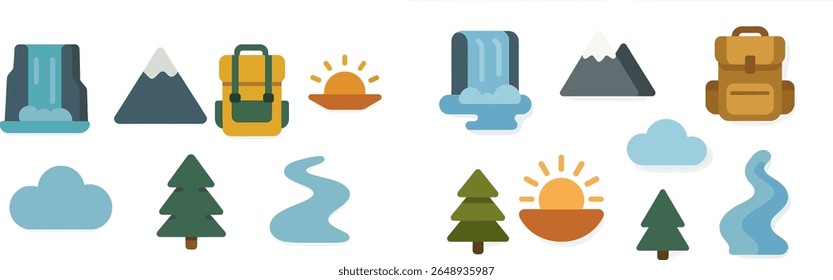 Colorful vector illustrations of mountains, waterfalls, trees, and adventure gear reflect the essence of outdoor exploration and nature's beauty, engaging travelers to embrace adventure.