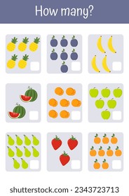 Colorful vector illustrations for playful math learning addition, subtraction, counting. Suitable for early child development and homeschooling, kindergartens. Vegetables and fruits mathematic lists.