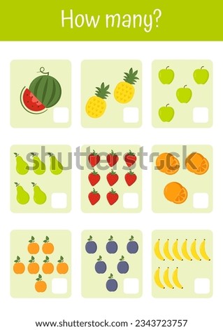 Colorful vector illustrations for playful math learning addition, subtraction, counting. Suitable for early child development and homeschooling, kindergartens. Vegetables and fruits mathematic lists.
