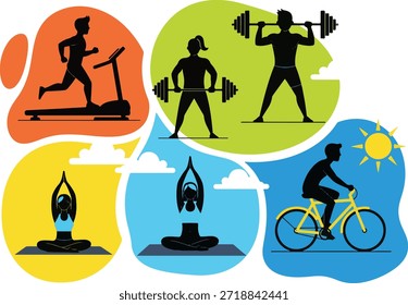 Colorful vector illustrations representing different sport and fitness activities including running, weightlifting, yoga, cycling and training exercises. Modern flat style icons suitable for fitness apps, sports branding, health websites and active lifestyle designs.