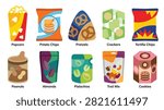 Colorful vector illustrations of various snack food packaging. Features popcorn, potato chips, pretzels, crackers, tortilla chips, peanuts, almonds, pistachios, trail mix, and cookies. Ideal for food packaging design, menus, and culinary themes.