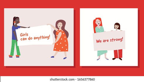 Colorful vector illustrations with women holding feministic slogans