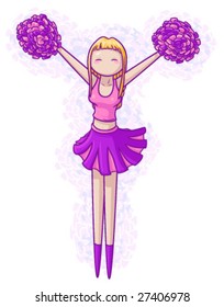 A colorful vector image of a blond cheerleader in bright pink and purple uniform.