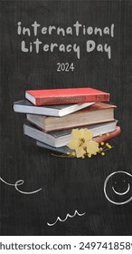 A colorful vector image with books forming a globe, surrounded by children reading, highlighting the global reach of Literacy Day.