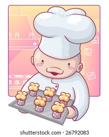 A colorful vector image of a chef presenting cupcakes.