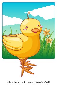 A colorful vector image or a chick in the grass with daffodils in the background. Ideal for use with Easter or for media targetting children.