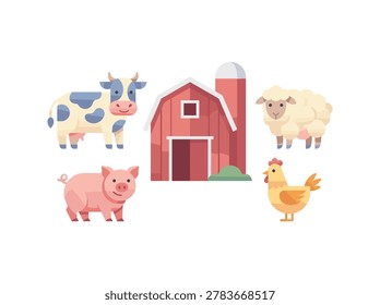 Colorful vector image of a cow, pig, sheep, and chicken standing around a cheerful red barn with a silo.
