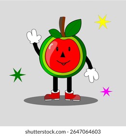 A colorful vector image of a cute fruit character resembling a watermelon with a smiling face, wearing gloves and shoes, surrounded by bright, multicolored stars on a gray background. Playful and fun!
