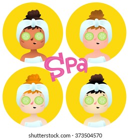 Colorful vector image, girls with different skin tones enjoying spa treatment, cucumber facial masks