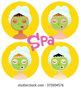 Colorful vector image, girls with different skin tones enjoying spa treatment, facial masks 