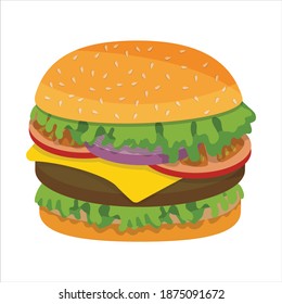 Colorful vector image of a hamburger drawn in a flat style. Bright juicy colors that lift the mood and cause appetite.