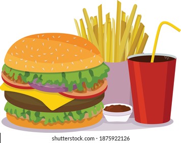 Colorful vector image of a hamburger, a package of French fries, sauce and a glass of soda. drawing in a flat style. Bright juicy colors that lift the mood and cause appetite.