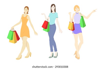 Colorful vector image of happy smiling women holding shopping bags, isolated without background