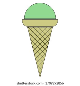 Colorful vector image, icon or picture of waffle ice cream on white background. Light green pistachio ice cream