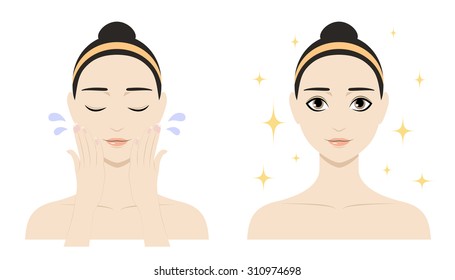 Colorful vector image illustrated steps of washing of pretty woman. Cute cartoon girl with skin problem shows the result of using care cosmetic product. Icon set for skincare infographic. 