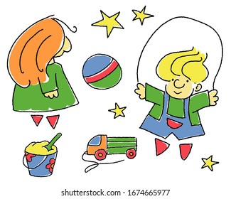 Imagen vectorial colorida en estilo doodle retro, niños pequeños jugando alegremente con juguetes.
