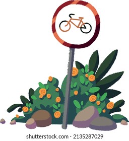 Colorful vector image of a road sign surrounded by plants. Suitable for creating design projects, brochures, guidebooks, illustrations, etc.