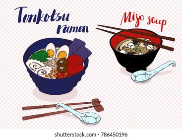 A colorful vector image of served a bowl of tasty miso soup with a spoon and food stick, and a bowl of hearty and delicious tonkoysu ramen soup. 