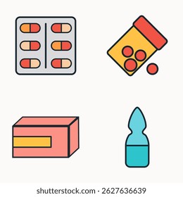Colorful vector image showing different pharmaceutical containers such as blister pack, pill bottle, medicine box, and glass ampoule