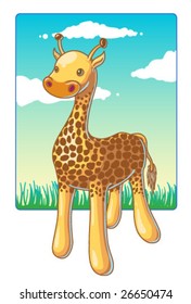 A colorful vector image of a toy-like giraffe with a simple nature background.