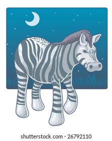 A colorful vector image of a toy-like zebra against a night-themed background.