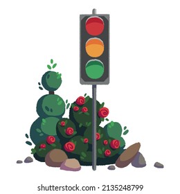 Colorful vector image of a traffic light surrounded by plants. Suitable for creating design projects, brochures, guidebooks, illustrations, etc.