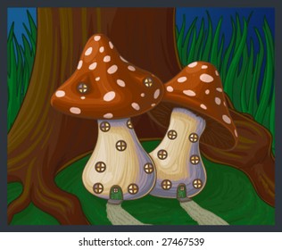 A colorful vector image of two mushroom houses at night.