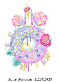 Colorful vector image of two snails on a doughnut.