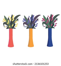 Colorful vector image of a vase with flowers in different colors. Suitable for design projects, illustrations, brochures, postcards, etc.