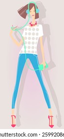 colorful vector image of young woman enjoy music in earphones