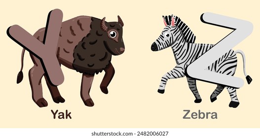 Colorful vector image of A to Z animals, featuring illustrated letters with corresponding animals. English educational materials, posters, and kids' learning tools. Cute cartoon animals. 