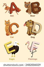 Colorful vector image of A to Z animals, featuring illustrated letters with corresponding animals. English educational materials, posters, and kids' learning tools. Cute cartoon animals. 