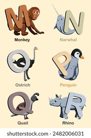 Colorful vector image of A to Z animals, featuring illustrated letters with corresponding animals. English educational materials, posters, and kids' learning tools. Cute cartoon animals. 