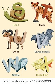 Colorful vector image of A to Z animals, featuring illustrated letters with corresponding animals. English educational materials, posters, and kids' learning tools. Cute cartoon animals. 