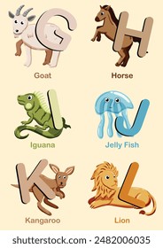 Colorful vector image of A to Z animals, featuring illustrated letters with corresponding animals. English educational materials, posters, and kids' learning tools. Cute cartoon animals. 