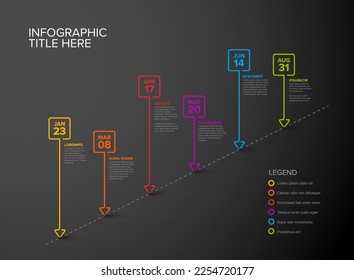 Colorful vector infographic dark timeline report template with six square droplet thin line bubbles pins on simple dotted diagonal timeline - Dark version with six pins