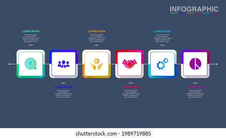 Colorful vector infographic design template with business icons and 6 steps. can be used workflows, chart flows, covers, flyers, brochures, posters, banners, website, social media posts, annual report