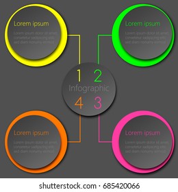 Colorful vector infographic design template; circles in neon and grey shades with 3D effect.