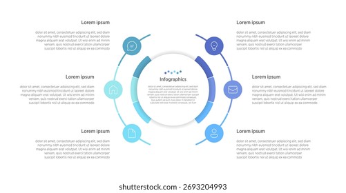 Una infografía de Vector colorida con 6 Elementos redondeados conectados con íconos de marketing. Perfecto para presentar procesos de negocio, flujos de trabajo y estrategias en un formato profesional.