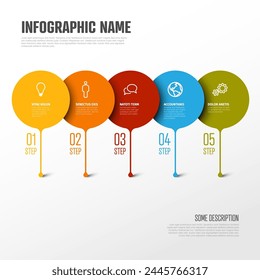 Colorful vector infographic report template with big droplet bubbles pins as steps of the process - light version with five pins and numbers on horizontal line