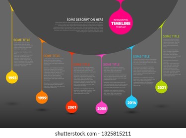 Plantilla de informe de escala de tiempo de vectores coloridos con caídas coloridas en una línea - versión oscura