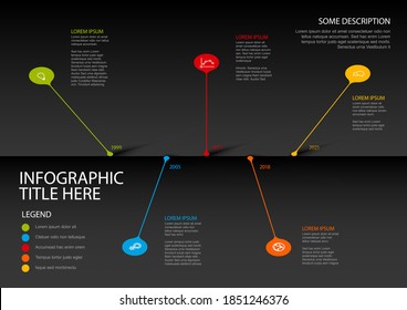 Plantilla de informe de escala de tiempo de infografía por vector colorido con pines de burbujas de gota - versión oscura